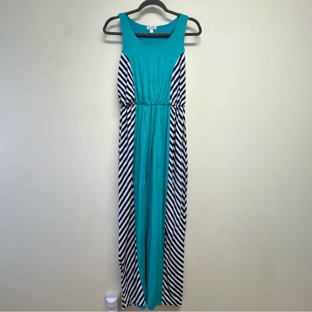 Charming Charlie Teal and Navy Striped Sleeveless Maxi Dress Size M